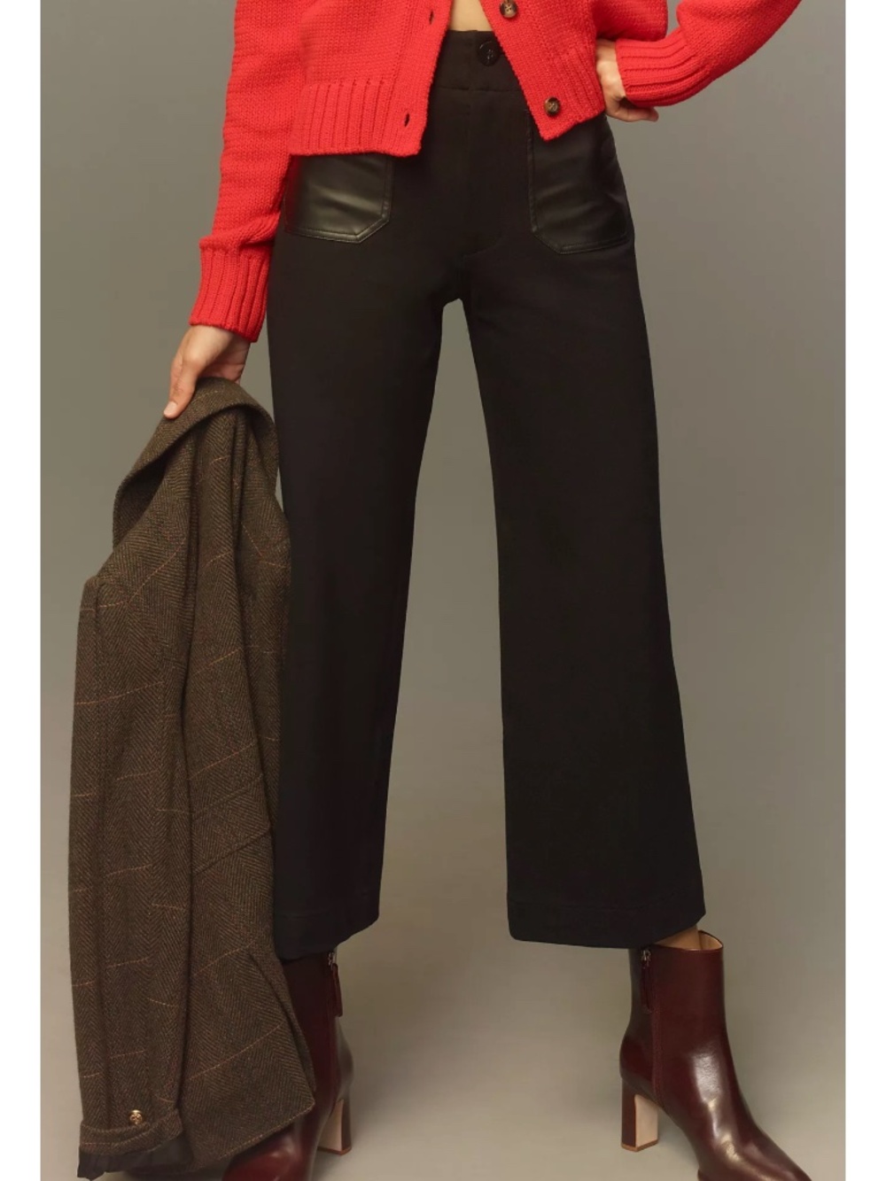 Maeve Colette Cropped Wide-Leg Pants Faux Leather Pockets Size 27